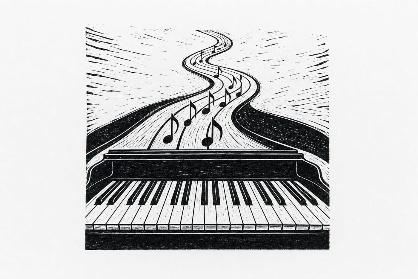 Linocut print of a grand piano keyboard with a road of music notes winding into the distance